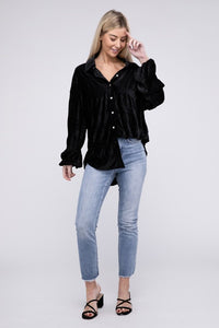 Wrinkle Effect Tiered Shirring Velvet Top